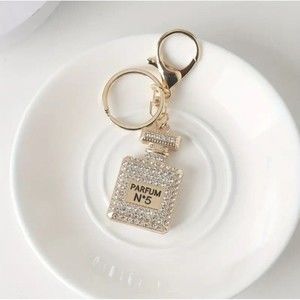 Keyring Gold White Rhinestone Perfume Bottle Parfum No. 5 Keychain Bag Charm